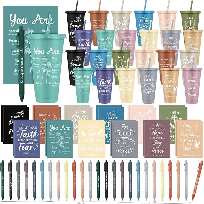 Feifeiya 72 Pcs/ 24 Set Christian Gifts Bulk 24 oz Bible Verse Plastic Tumbler with Lids and Straws Inspirational Prayer Notepads Religious Pen Church Cups Gift for Christian Christmas Party Favors