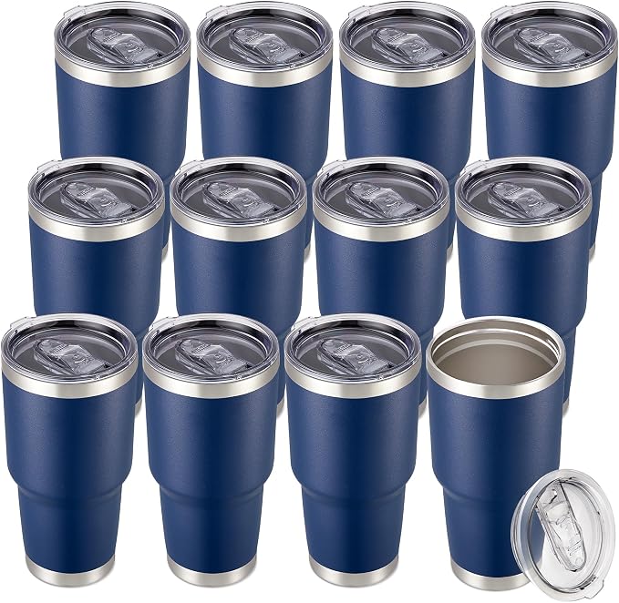 30 oz Tumbler with Lid Stainless Steel Tumblers Bulk Vacuum Insulated Cup Reusable Powder Coated Travel Mug Double Wall Leak Proof Cups Keep Cold Drinks for 12 Hours Navy, Set of 12