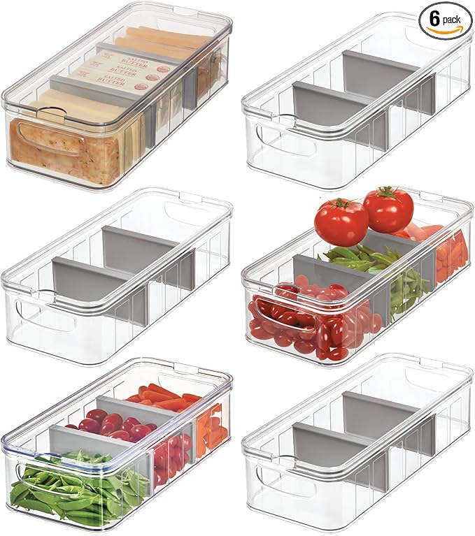 iDesign Large Fridge Organizer Bin with Removable Divider and Lid - Set of 6 - Clear/Gray