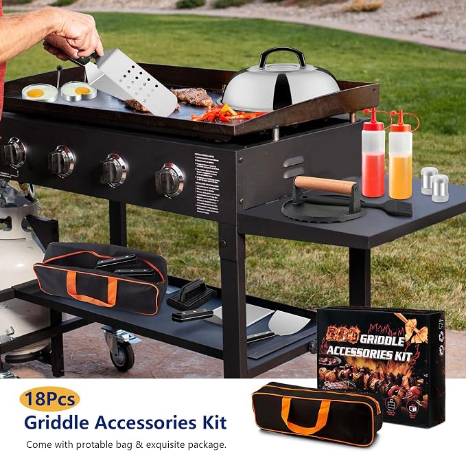 Joyfair 18Pcs Griddle Accessories Kit for Blackstone, (ABS Handles) | Flattop Grilling Accessory Set With Smash Burger Press, Stainless Steel Spatula Tool, Basting Cover For Outdoor BBQ Cooking