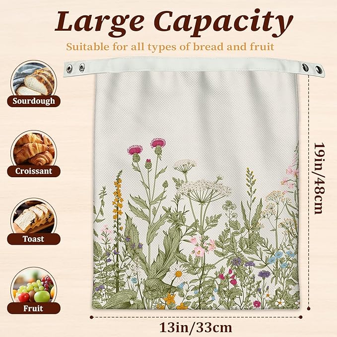 Bread Bags for Homemade Bread- Herbs Wild Flowers 2 Pack Linen and Beeswax Sourdough Storage Bags, Reusable Keeper, Keeps Breads Fresh Longer, Gifts for Bakers