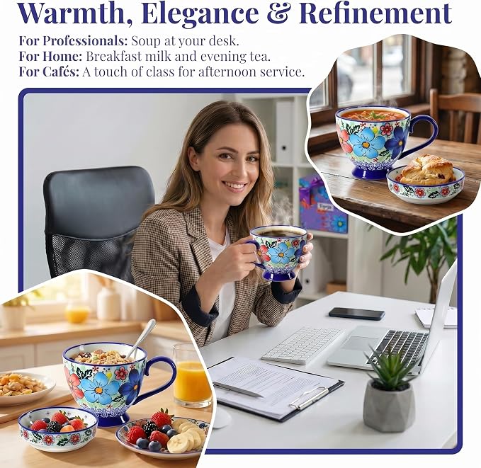 17oz Hand-Painted Ceramic Coffee Mugs with Handles & Lids | Decorative Soup or Tea Cup, Includes Saucer, Large Loop Handle, Microwave Safe, Fathers Day Dad Gifts from Daughter Son Wife