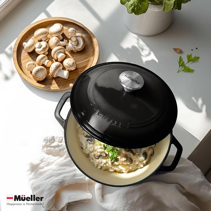 MUELLER HOME 6 Quart Enameled Cast Iron Pot Dutch Oven, Heavy-Duty Oven-Safe up to 500° F, & Across All Cooktops, Casserole Dishes for Ovens, Bread Pan with Lid and Knob, Cast Iron Cookware, Black