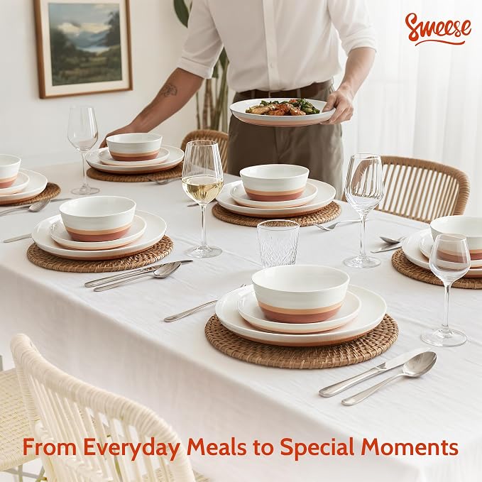 Sweese Plates and Bowls Sets,18 Pieces Modern Porcelain Dinnerware Set for 6 Handcrafted Uniqe Dinner Set Ceramic Dishware Dishes Microwave and Dishwasher Safe, Terra Cotta
