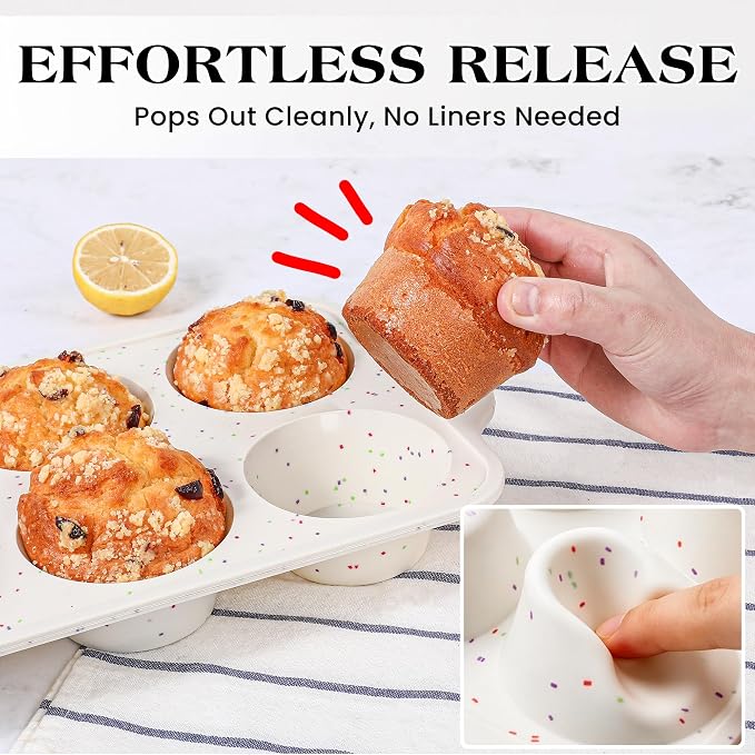 Jumbo Muffin Pan with Metal Frame Nonstick 6 Cup Extra Large Silicone Cupcake Pan for Baking, Deep Jumbo Muffin Tray for Egg Bites Muffins, Confetti Color Cream Gifts for Mom Home Baker（1 Pc）