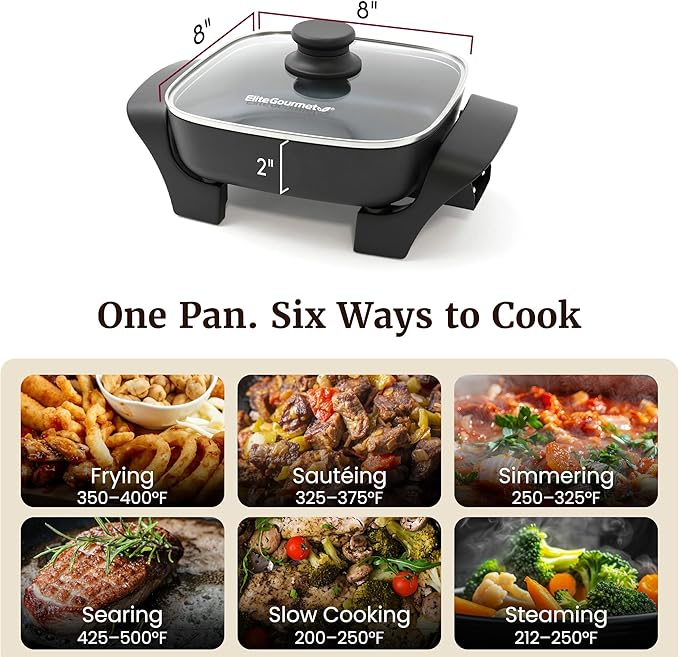 Elite Gourmet EG808C Electric Skillet 8"x8" PFAS-Free Ceramic Non-Stick, Tempered Glass Vented Lid, Removable Thermostat 200–400°F, Dishwasher Safe, 2.5-Qt Capacity for One-Pot Meals, Black