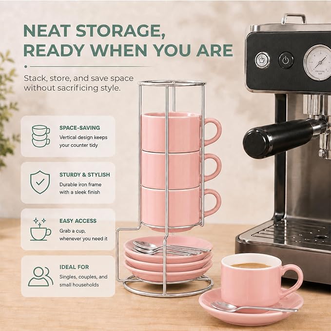 3 Ounce Espresso Cups Set of 4, Stackable Demitasse Mugs, Includes Display Stand, Cups Saucers, and Spoons, for Machines & Home Use, Pink, Silver Tone