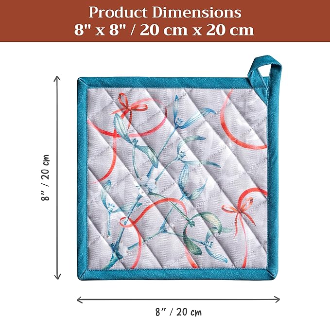 Maison d' Hermine Pot Holders 100% Cotton Heat Resistant Potholders 8" x 8" Hot Pads with Loop for Thanksgiving Christmas Decorations BBQ Cooking Baking Handling Hot Pans (Pack of 1, Enora)