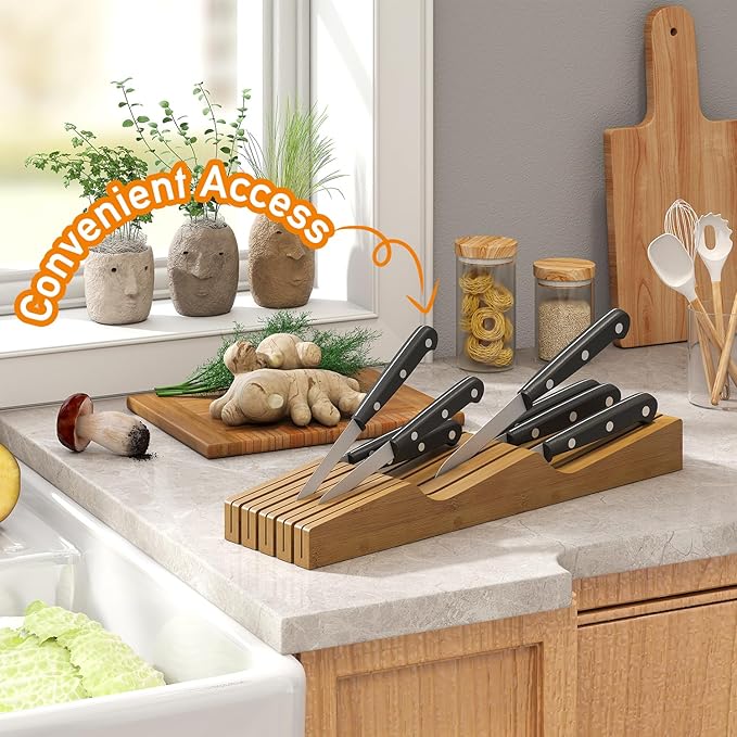 In-Drawer Knife Block Organizer - Bamboo Wood Drawer Knife Organizer-Protecting Knife Organizer Block (Not Included) (Brown, 9 Knives Dock)