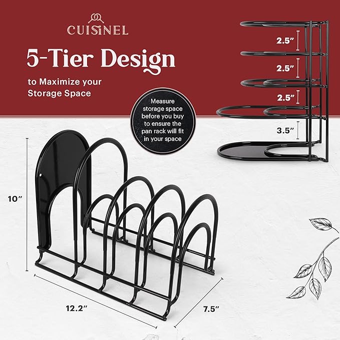 Pan Organizer - Silicone-Coated Non-Slip 12" Heavy Duty Skillet Rack - Kitchen Counter/Cabinet Organization Storage - Holder for Cookie Sheet, Cutting Board, Cast Iron Cookware, Dish, Pot, Lid Stand