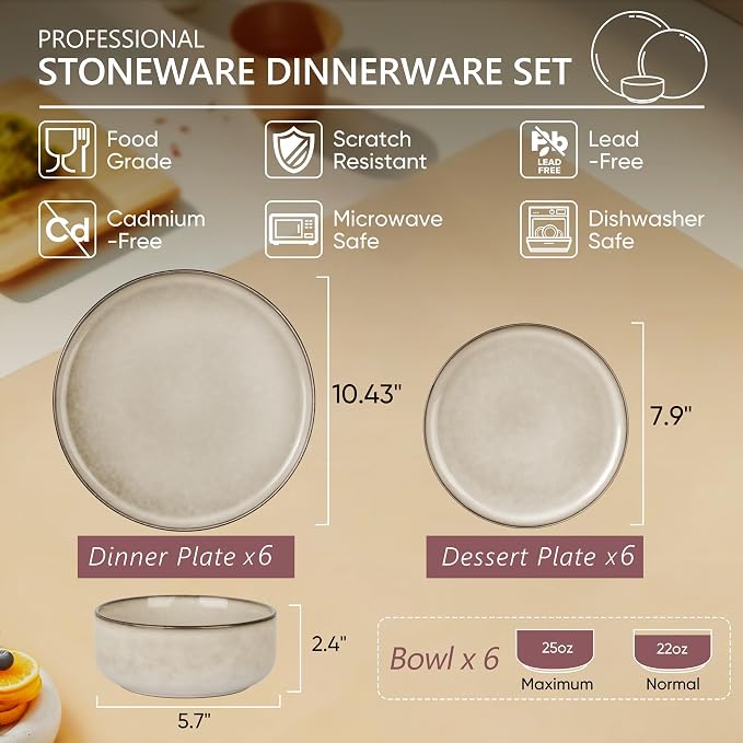 Herogo Stoneware Plates and Bowls Sets for 6, 18 Pieces Modern Round Dinnerware, Reactive Glaze Dishes Set for Kitchen, Chip Resistant, Microwave & Dishwasher Safe, Cream Khaki