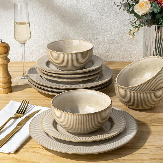 GBHOME Ceramic Dinnerware Sets,12 pcs Embossed Elegant Stoneware Plates and Bowls Sets, Housewarming Wedding Gift | Dishwasher & Microwave Safe | Dishes Set Service for 4