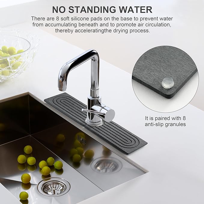 Faucet Mat for Kitchen Sink, Diatomite Fast Drying Stone Sink Tray, Super Absorbent, Prevents Moisture Buildup - Faucet Splash Guard for Bathroom Counter, Kitchen [Dark Grey, 15.8" x 3.9"]