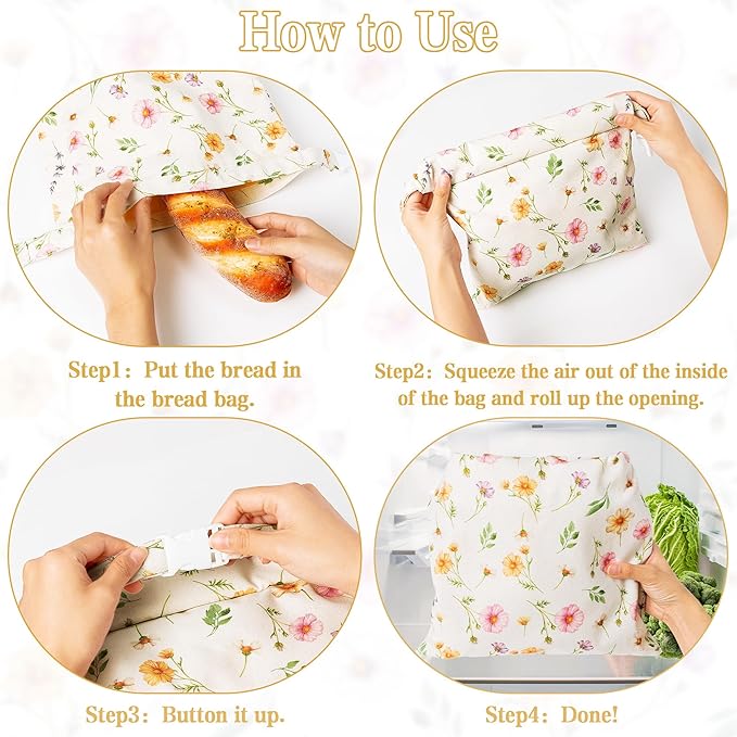 Reusable Beeswax Bread Bags - 2 Pack Bees Wax Food Bag, Homemade Sourdough Bread Storage, 2-in-1 Linen Cotton Large Freezer Container Home Baking Accessories with Lining (Watercolor Flowers)