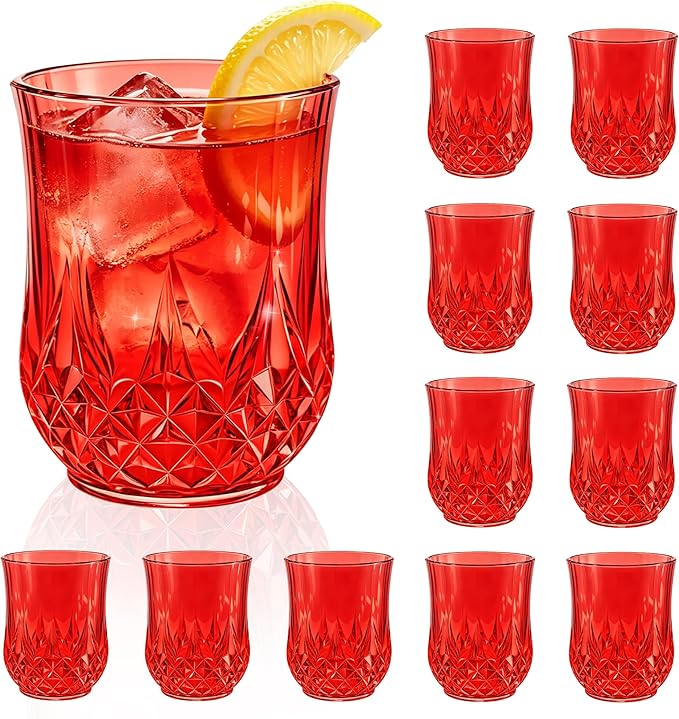 12 Pack Plastic Stemless Wine Glasses,12oz Unbreakable Vintage Elegant Drinking Glass Set,Reusable Fancy Cocktail Cups for Party, Wedding, and Bulk Events (12, 12oz-Red)