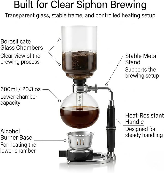 Siphon Coffee Maker, 20 oz Glass Vacuum Brewer with Cloth Filter | Borosilicate glass, reusable cloth filter, alcohol burner, hands-on siphon brewing, rich small-batch coffee