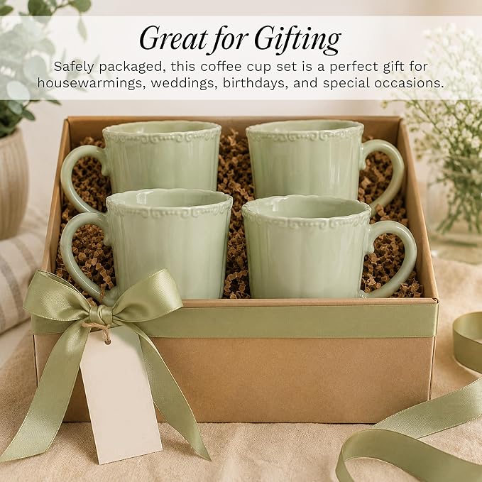 SANGO Bethany Sage Mugs Set of 4, 12 oz Stoneware Green Coffee Mugs, Vibrant Ceramic Drinkware for Coffee, Tea or Cocoa, Durable Everyday Cups, Dishwasher & Microwave Safe, Kitchen Mug Set