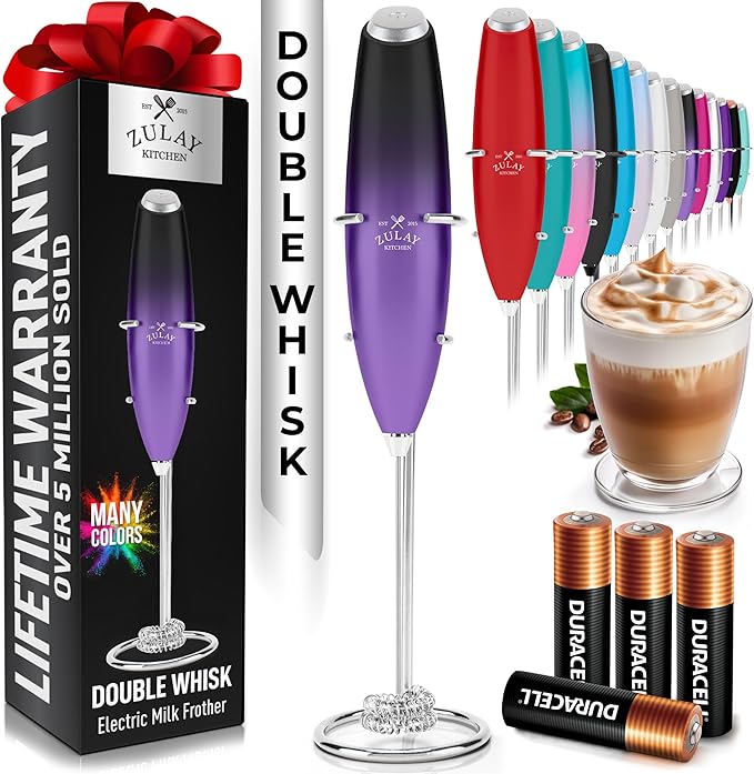 Zulay Kitchen Powerful Milk Frother Wand With Duracell Batteries - Ultra Fast Handheld Drink Mixer - Electric Whisk Foam Maker for Coffee, Lattes, Cappuccino & Matcha - Double Whisk - Black Purple