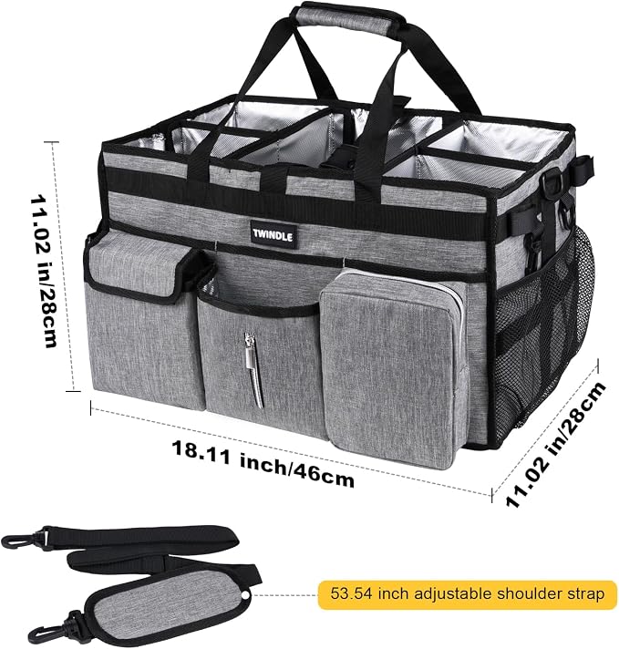 Extra Large Cleaning Caddy Bag with Rigid Support Board, Cleaning Organizer Tote with Detachable Divider, Adjustable Shoulder Strap & Waist Belt, Cleaning Supply Carrier for Cleaners & Housekeepers