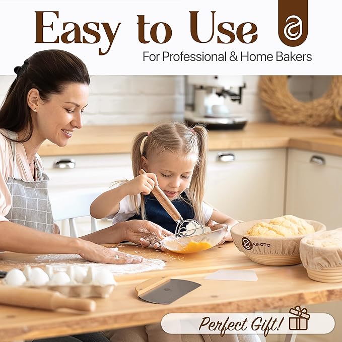 ABIOTO Sourdough Bread Baking Kit - 14-Piece Set with 10" Round & 11" Oval Rattan Banneton Proofing Baskets, Liners, Bread Lame, Danish Whisk & Scrapers for Home Bakers