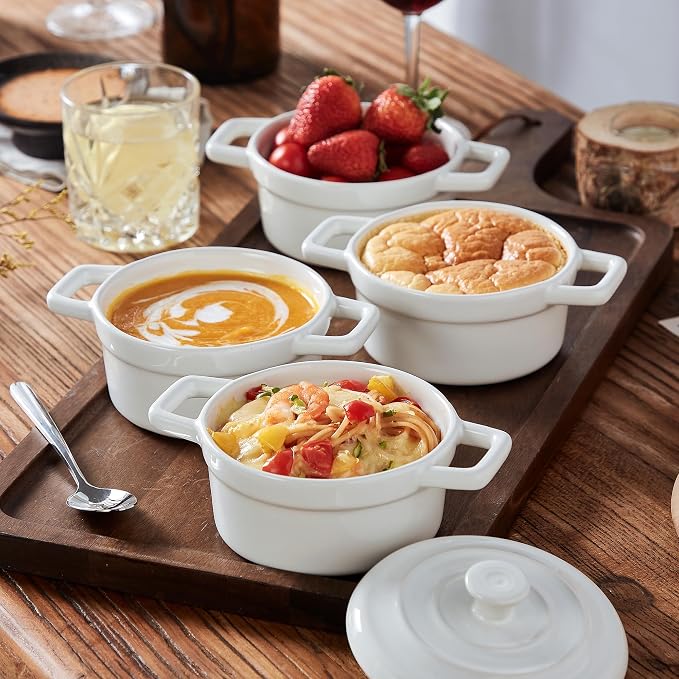 Lareina Mini Cocotte - 12oz Ceramic Casserole Dishes - Kitchen Casserole Sets With Handles And Lid - Small Baking Ramekins - Oven, Microwave & Dishwasher Safe - Set of 4 - White