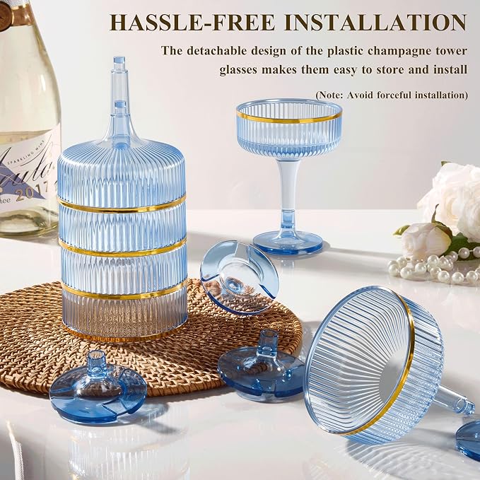 Goodluck 4-Tier Champagne Tower Glasses - 20 PCS 7oz Blue Plastic Champagne Flutes, Plastic Coupe Glasses with Vertical Stripes for Weddings, Celebrations, Parties & Birthdays(Gold Rim)