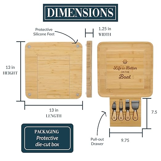 Pavilion - Life Is Better On The Boat - Square Cheese Board & Knife Set with Hidden Drawer, Charcuterie Board, Bread Board, 1 Count - Pack of 5, 13 x 13 x 1.25-Inches