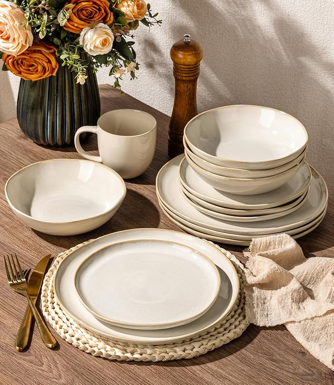 GBHOME Stoneware Dinnerware Sets for 8, 24 Pieces Rustic Earthenware Plates and Bowls Set, Handmade Reactive Glaze Ceramic Plate Sets, Chip Resistant Dishes, Microwave & Dishwasher Safe, Vanilla Cream