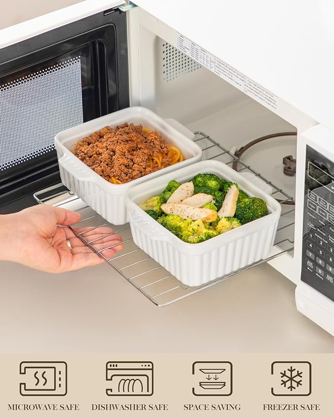 MALACASA Baking Dishes for Oven, Small Ceramic Baking Dishes with Silicone Lids for Individual Portions 5.5" x 5.5" Square Casserole Dishes Set of 2 Oven Microwave, and Air Fryer Safe, White
