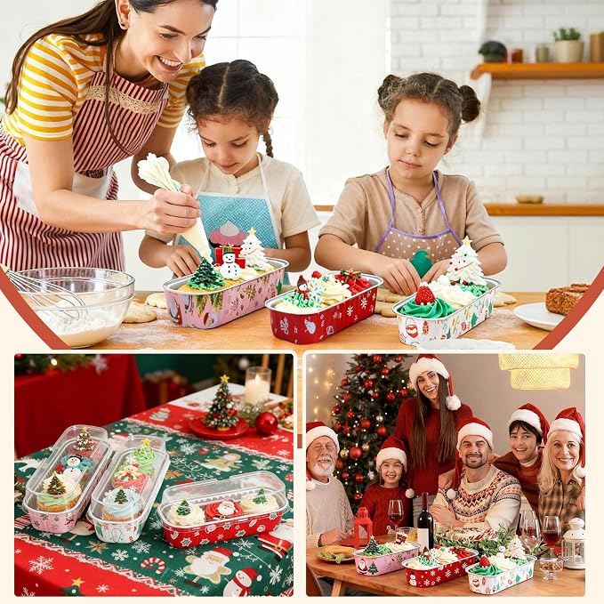 50Pack Mixcolor Christmas Mini Cake Pans with Lids and Spoons Mini Loaf Pans with Lids, 6.8Oz Aluminum Foil Pans Tins, Individual Dessert Cups Containers for Sales,Party,Picnics