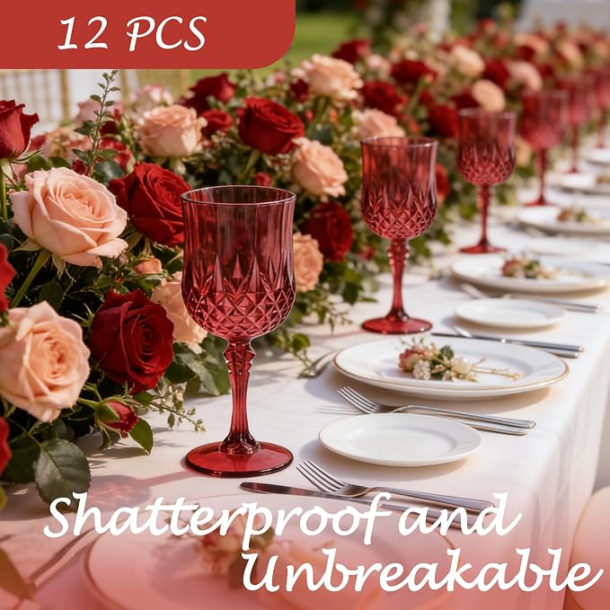 Plastic Wine Glasses, Plastic Goblets Vintage Style Cordial Unbreakable Drinking Glasses, Reusable Drinkware for Wedding Reception, Grand Event Party Supplies (12, Burgundy)