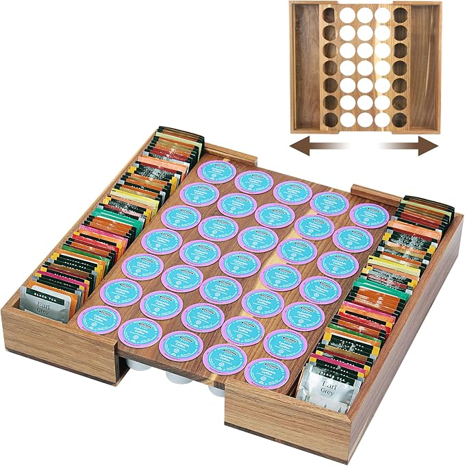 Acacia Wood Coffee Drawer Organizer, 35 Slot K Cup Drawer Organizer, Expandable Coffee Pod Drawer Organizer with Side Pull Out Tea Bag Holder for K Cups and Pods