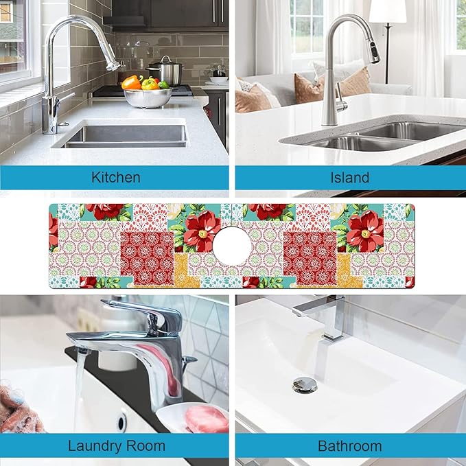 Kitchen Sink Splash Guard Faucet Mat Super Absorbent Fast Drying Mat Sink Gadgets Splash Guard Behind Faucet Drip Catcher for Kitchen (Boho Trellis, 23.5x5.5in)
