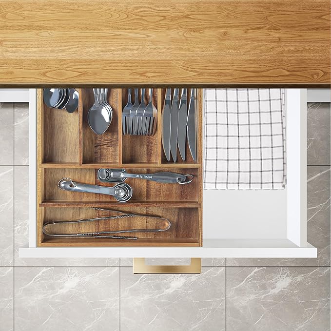 KITEISCAT Acacia Wood Silverware Organizer, Kitchen Utensil Drawer Organizer for Forks, Knives & Spoons, 6-Compartment Cutlery Tray, Flatware Holder