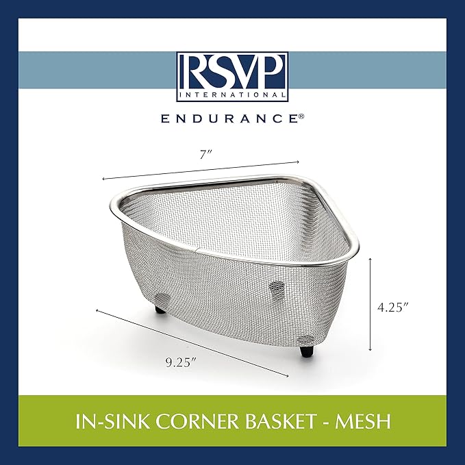 RSVP International Endurance® In-Sink Mesh Colander Strainer Basket, 3 Quart | Organize Sponges, Collect Food Scraps | Dishwasher Safe | Small Corner Basket | Steaming, Draining & Rinsing