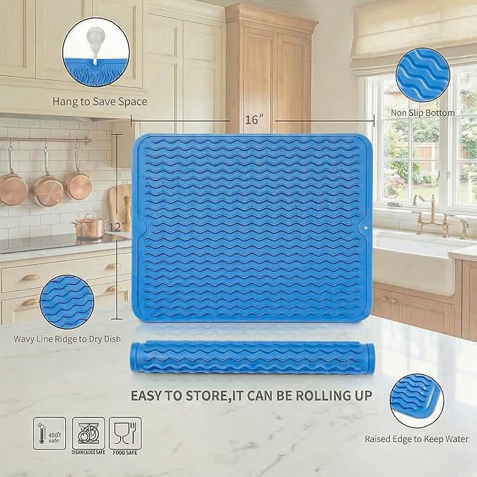 MicoYang Silicone Dish Drying Mat for Multiple Usage,Easy clean,Eco-friendly,Heat-resistant Silicone Mat for Kitchen Counter or Sink,Refrigerator or drawer liner Lichen BlueL L 16 inches x 12 inches