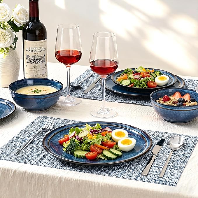 Plates and Bowls Sets 12 Pieces, Blue Reactive Glaze Dinnerware Set | Ceylon Blue Reactive Glaze Stoneware Dishes Service for 4, Handmade Dinnerware Scratch Resistant, Dishwasher Microwave Safe