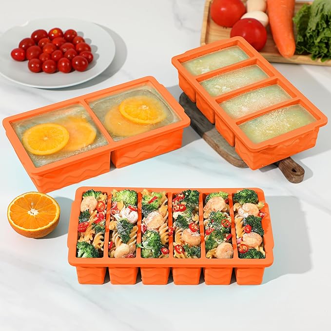 3-Pack Silicone Freezer Trays with Lid,2 Large 2-Cup(500ml)&4 Medium 1-Cup(125ml)&6 Small 1/2-Cup(75ml) Soup Freezer Container Molds,Ice Cube Tray For Meal Prep&Freezing Soup,Stews,Sauces