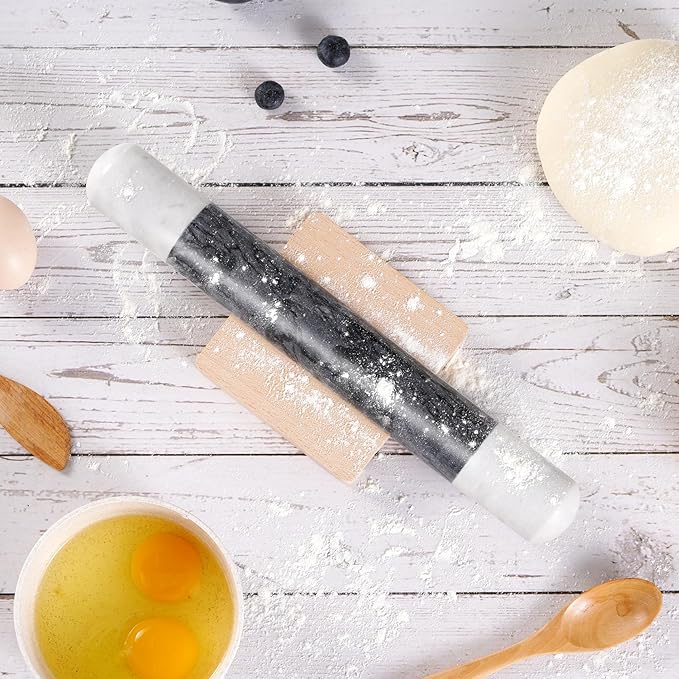 Tianman French Marble Rolling Pin.12 Inchs Marble Rolling Pin for Baking With Wooden Base Holder Stand-Non-Stick Baking Roller for Baking Fondant, Pizza,Cookies,Crust,Pasta(White-Black-White)