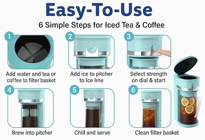 Retro Iced Tea Maker with Infuser, 3QT Glass Pitcher Electric Tea and Coffee Brewer, Adjustable Strength Cold Brew Maker for Iced Coffee, Iced Lattes, Sweet Tea & Fruit Infusions