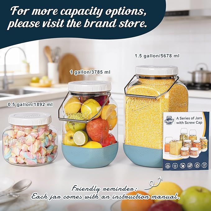 2 Pack 1.5 Gallon Large Glass Jar with Airtight Lid, Wide Mouth Glass Flour Sugar Storage Containers with Scale Marks for Pantry Organizers, Glass Canisters with Heavy-duty Handles & Non-slip Bases