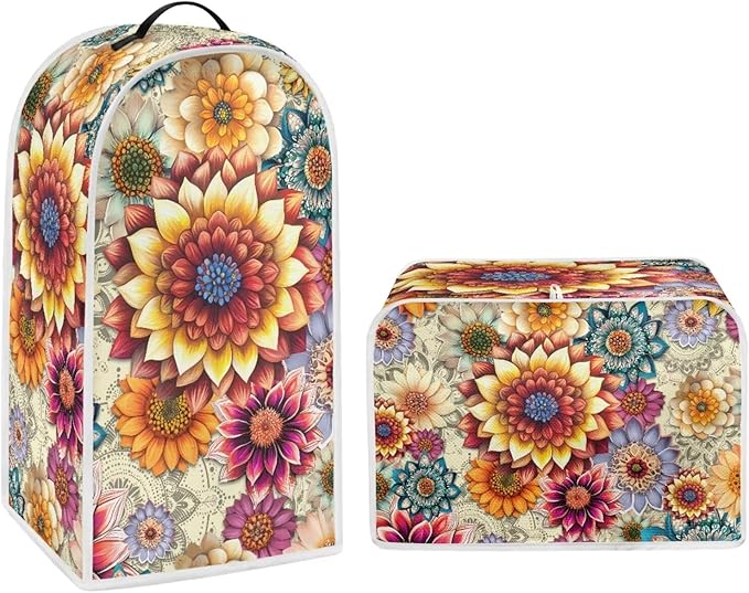 Bright Floral Blender Cover Toaster Cover Boho Mandala Floral 4 Slice Coffee Maker Appliance Covers Washable Cover Anti Fingerprint Protection