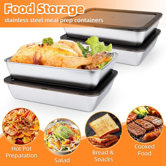 3 PCS Stainless Steel Food Storage Containers with lids,2.16 Inch Deep, 8x10 Inch Stainless Steel Oven plate, Metal Roasting Pan for Meal Prep、Meat, Rustproof & Heavy,Dishwasher Safe & Freezer