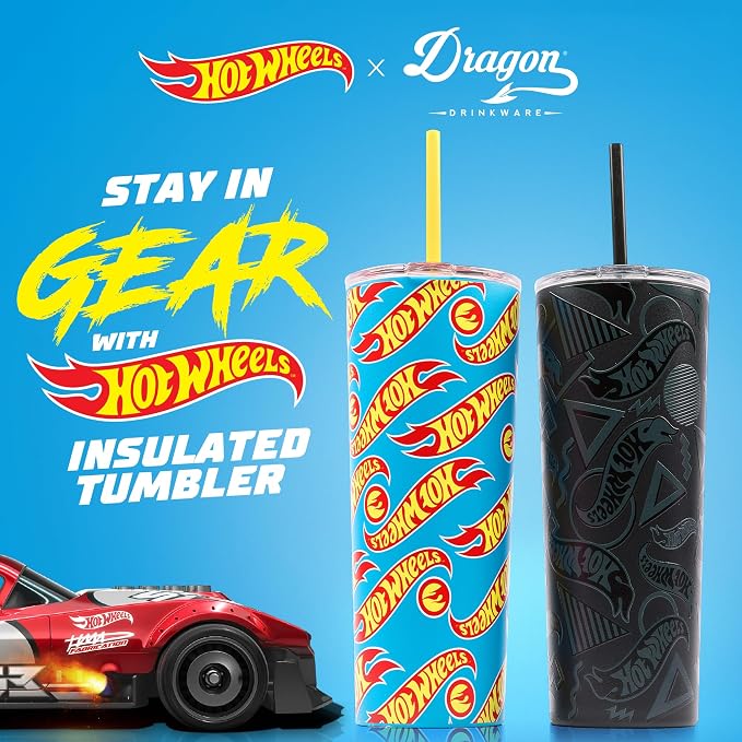 Dragon Glassware x Hot Wheels Tumbler with Straw, 24 oz - Race Team | Vacuum Insulated Stainless Steel Tumbler with Straw & Lid; Double Walled Tumbler with Straw; Hot Wheels Cup with Lid