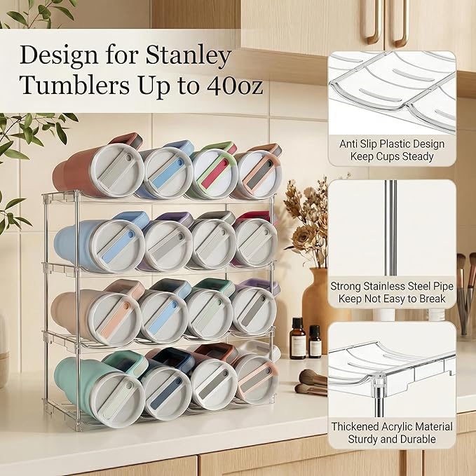 Stackable Water Bottle Organizer for Stanley 40 oz Tumbler, Larger Water Bottle Holder for Kitchen Cabinet, Pantry Organizers and Storage for Stanley Cup and Tumbler Organizer, Hold 16 Bottles