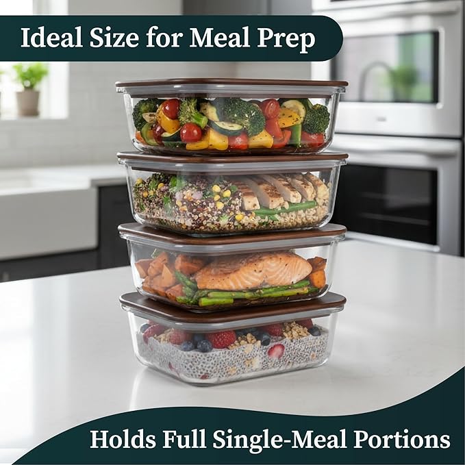 5-Piece Borosilicate Glass Food Storage Containers with Acacia Wood Lids — 35 oz Rectangular Meal Prep & Leftovers Set, Oven, Freezer & Microwave Safe, Plastic-Free