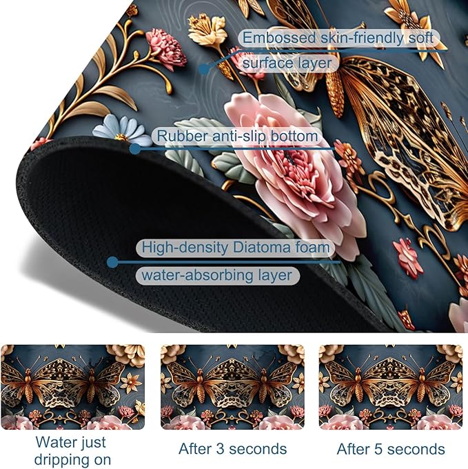 Gold Butterfly Kitchen Sink Splash Guard Faucet Mat Pink Floral Super Absorbent Fast Drying Mat Sink Splash Guard Behind Faucet for Kitchen Bathroom, 23.5"x5.5"