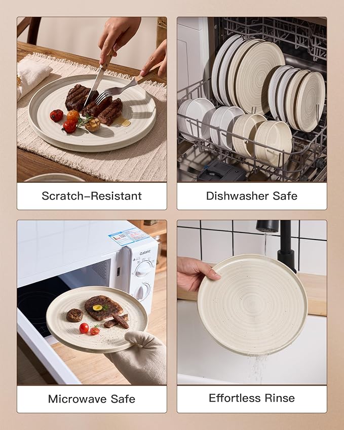 12-Piece Reactive Glaze Stoneware Dinnerware Sets for 4 - High Edge Plates and Bowls with Speckles & Spirals - Chip & Scratch Resistant, Microwave & Dishwasher Safe - Shell Beige