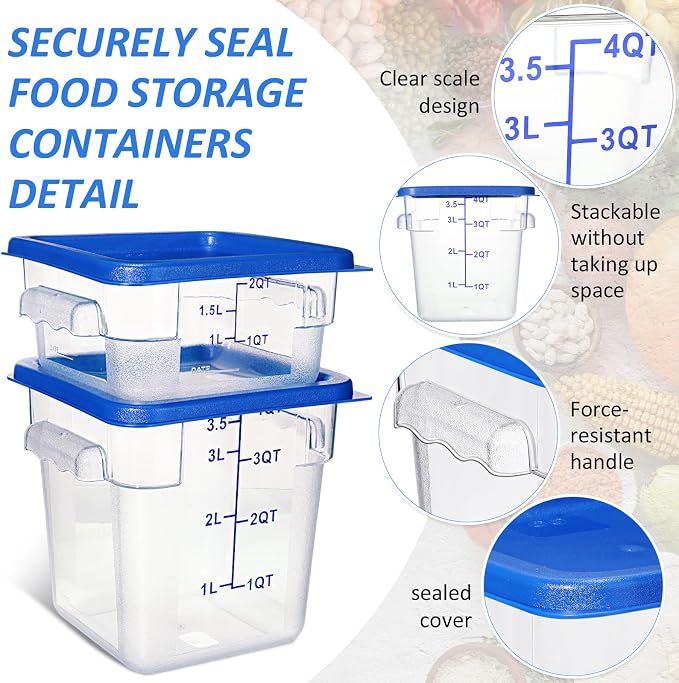 Yungyan 8 Pcs Restaurant Food Storage Containers with Lids Set 2Qt and 4Qt Commercial Restaurant Square Storage Containers Clear Food Cereal Container for Kitchen Freezer (Blue Lids)