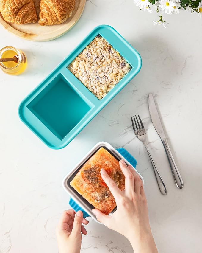 MALACASA Baking Dishes for Oven, Small Ceramic Baking Dishes with Silicone Lids for Individual Portions 5.5" x 5.5" Square Casserole Dishes Set of 2 Oven Microwave, and Air Fryer Safe, Blue